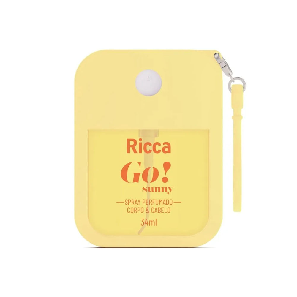 Spray perfumado Ricca Go! Sunny 34ml com visor transparente e detalhes amarelos